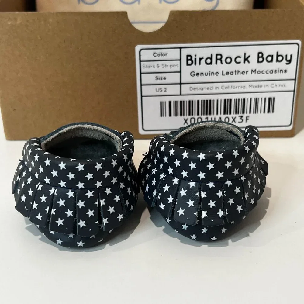 NIB! Bird Rock Baby Genuine Leather Moccasins Stars and Stripes Flag Size 2